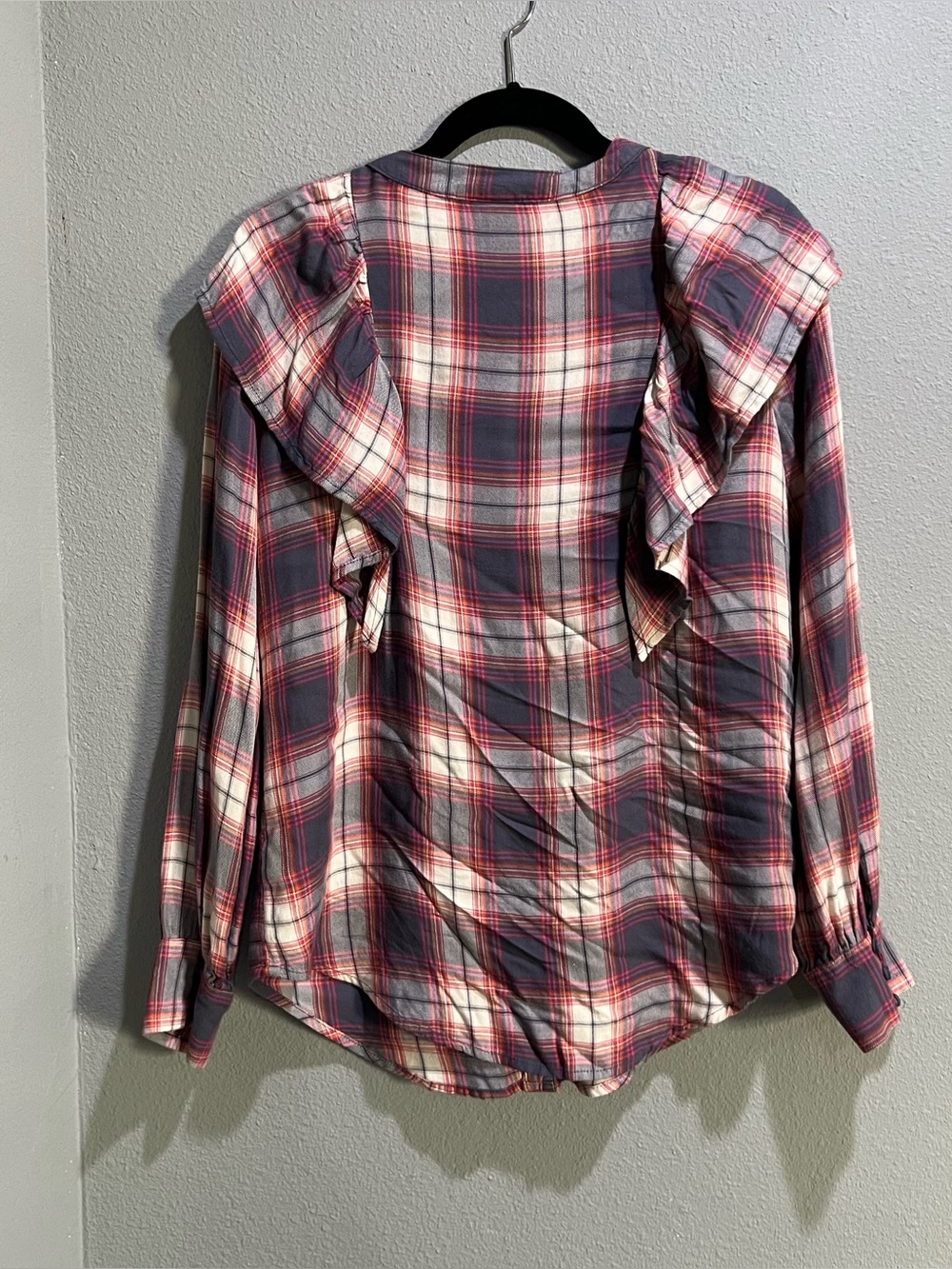 Plaid Ruffle-Front Button Shirt - Picture 2 of 6